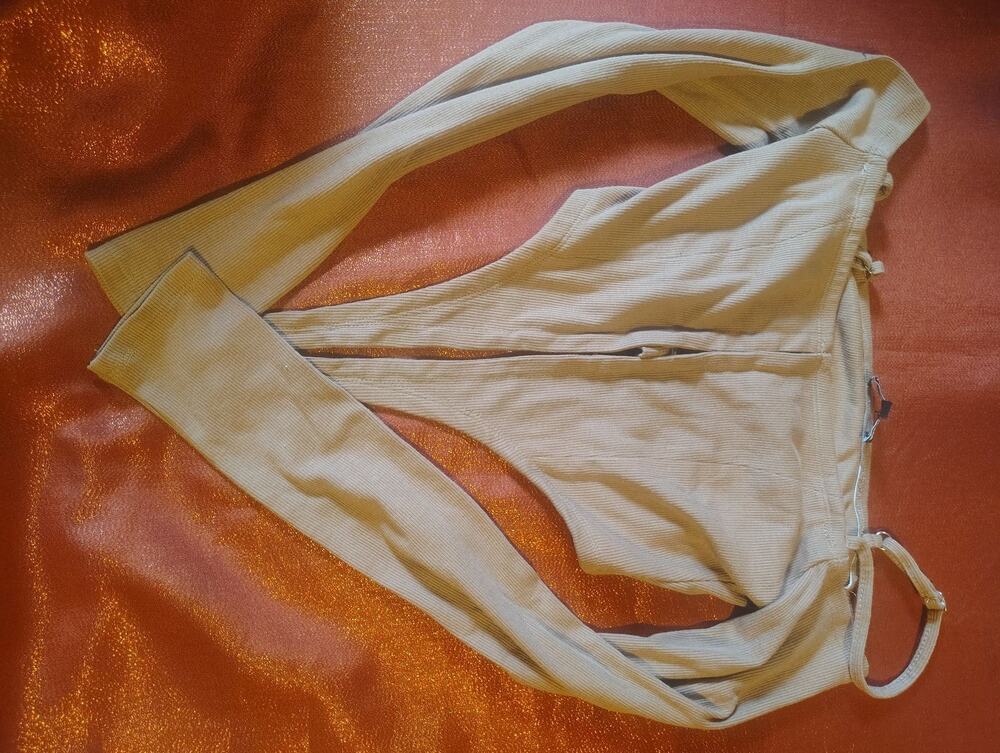 Fashion Nova Bodysuit Womens S Ribbed Long Sleeve Plunge Backless Hook Eye Beige